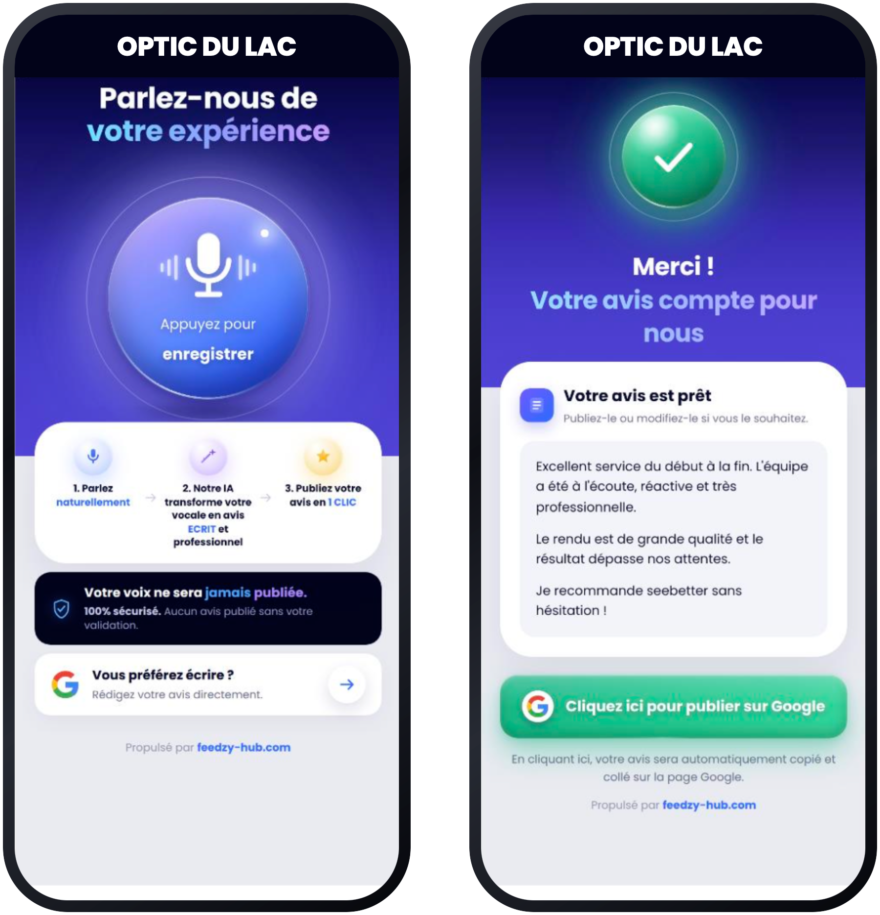 Clients Optic du Lac — avis collectés via Feedzy sur iPhone